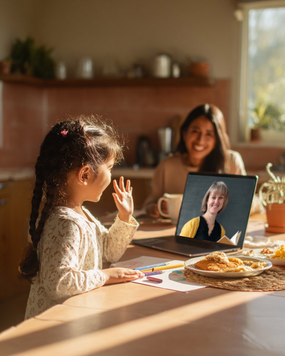 Young girl waving at her reading teacher on a laptop screen while mom watches from the kitchen