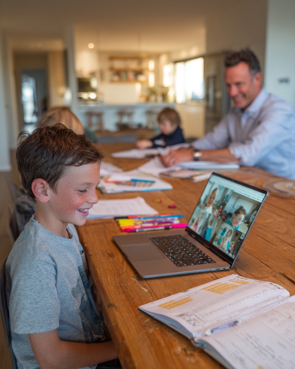 Boy smiling at laptop during online reading class with family at kitchen table