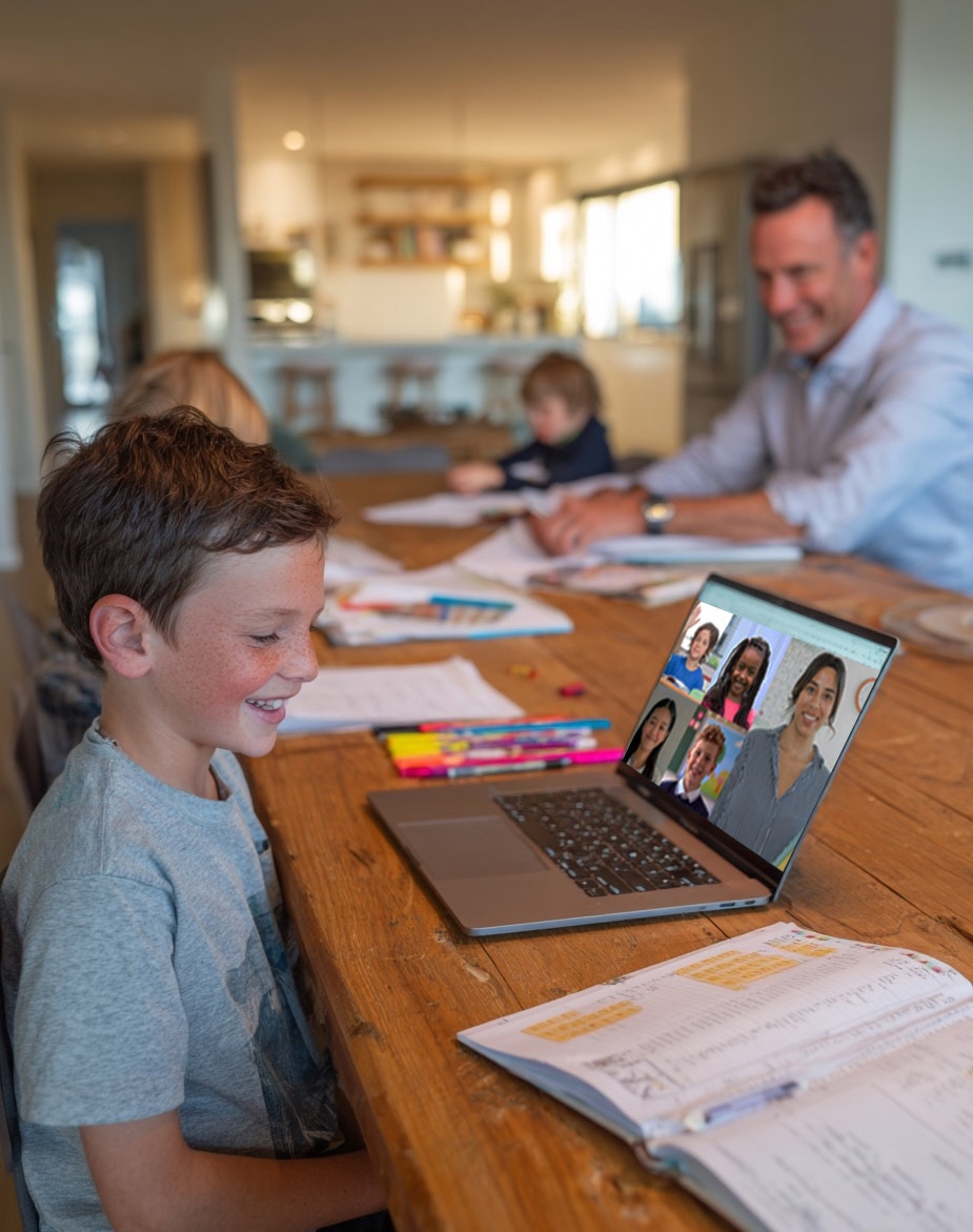 Boy smiling at laptop during online reading class with family at kitchen table