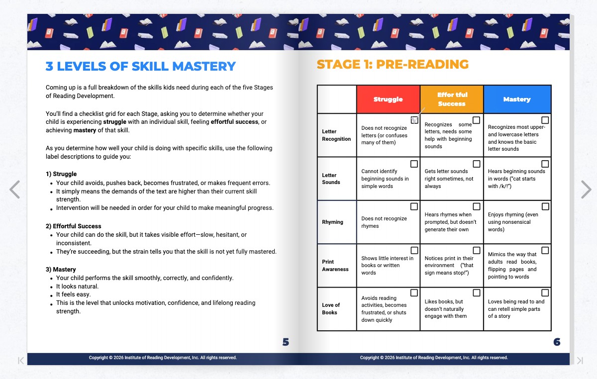 Stage 1 Pre-Reading checklist grid with Struggle, Effortful Success, and Mastery columns
